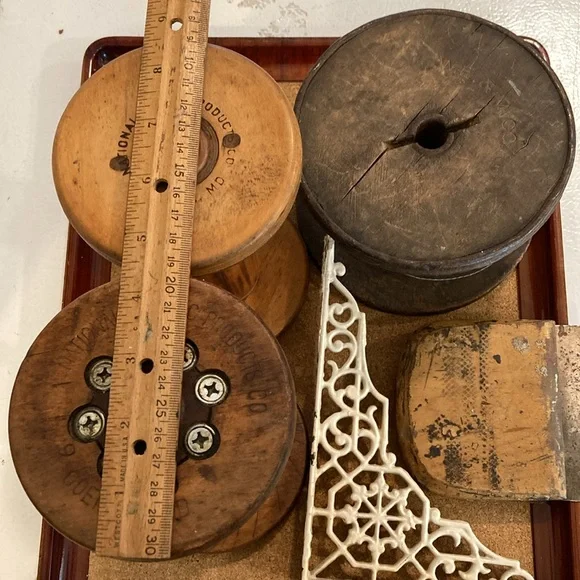 Lot/5 Architectural Wood & Metal Tools Spools & Wire Spool W/Wire & Wall Bracket